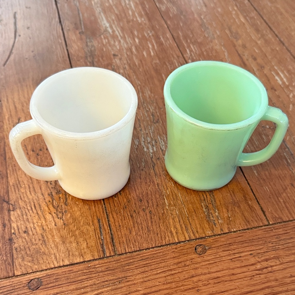 Set of Vintage White and Green Fire King Ware Mugs